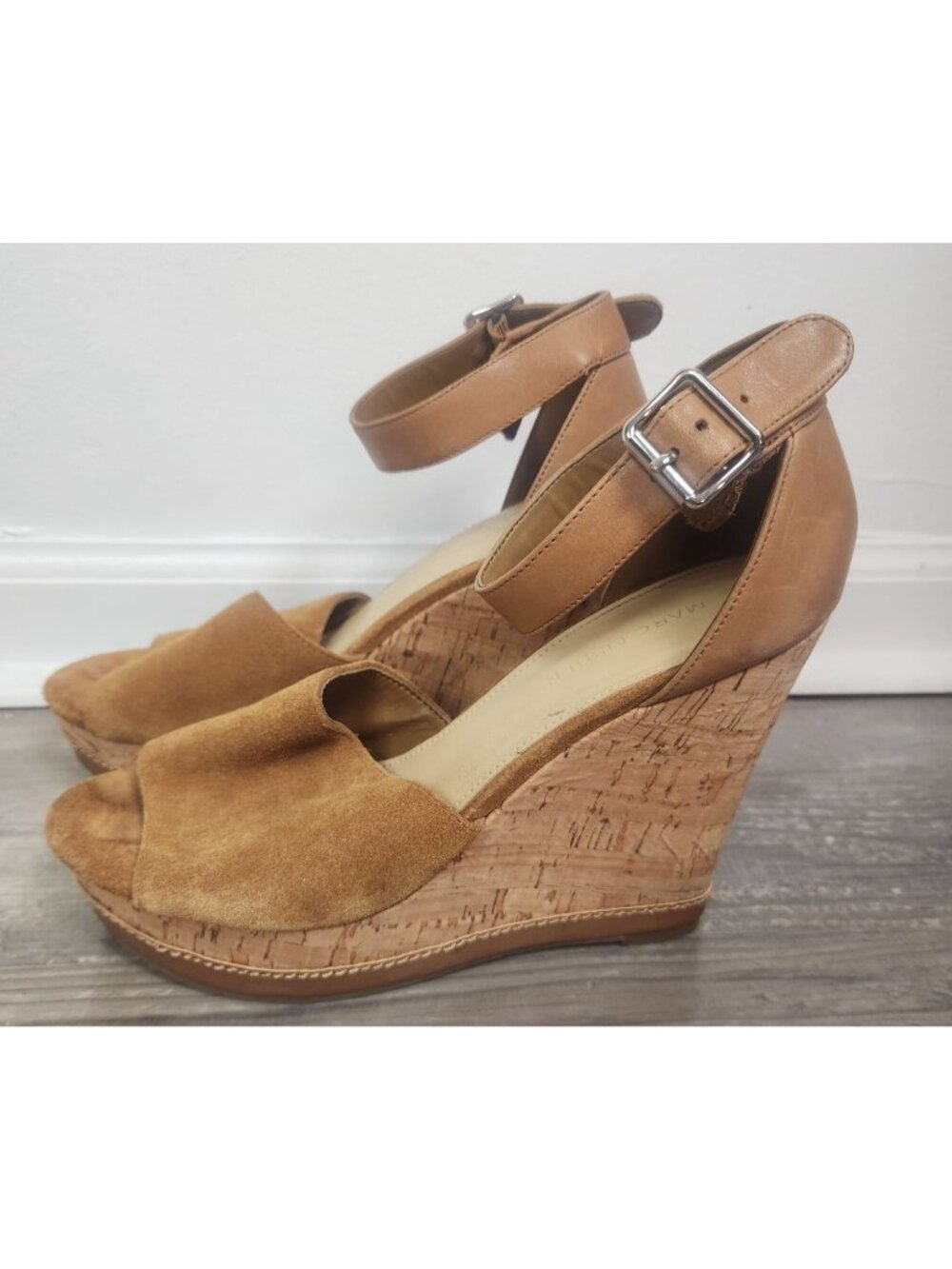 Marc Fisher Women's Sz. 9 Tan Suede Leather Open Toe Ankle Wedges